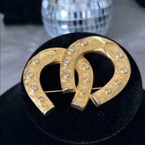 Vintage Gold Horseshoe Brooch with Crystal Details